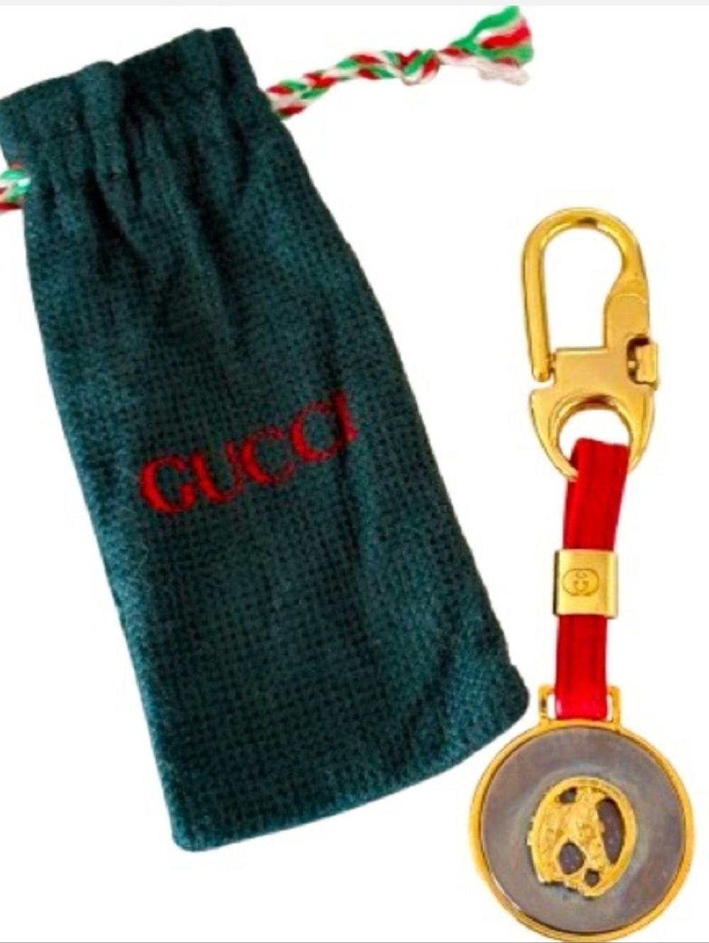 Gucci Red and Gold Horse Charm Keychain with Gucci Pouch
